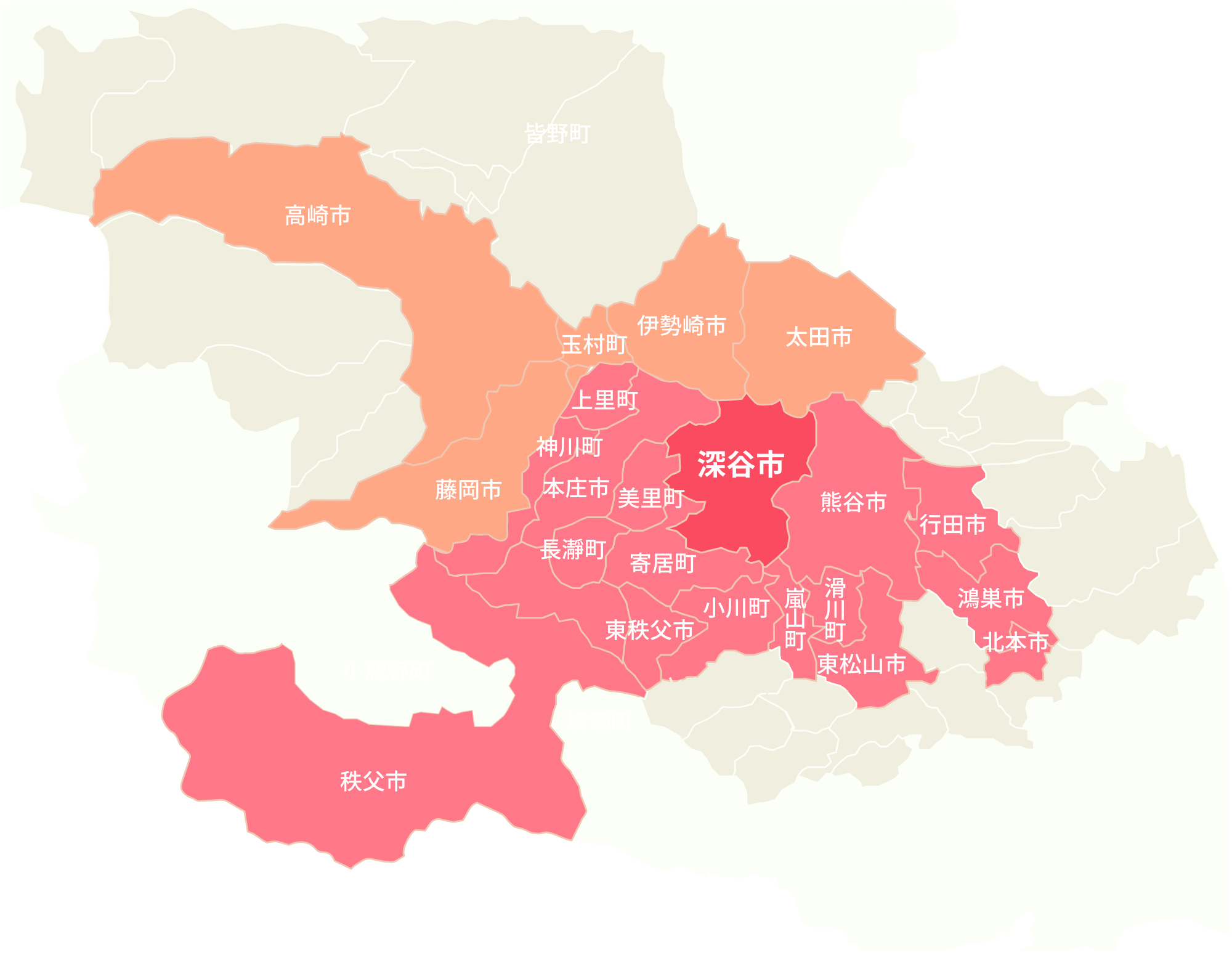 深谷市を中心に周辺町村に広く分布しています